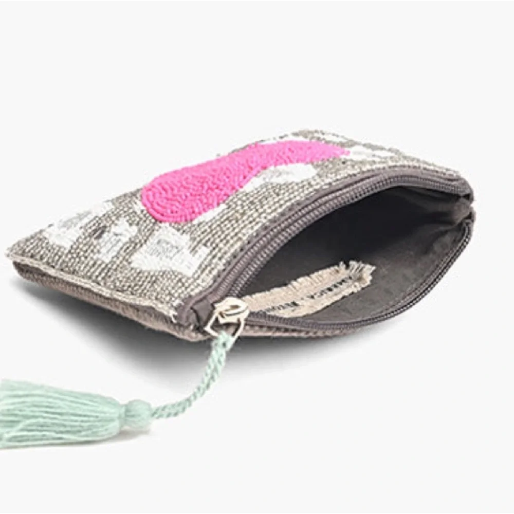 Handcrafted Pink Heart Beaded Zip Pouch Clutch Travel Makeup Bag